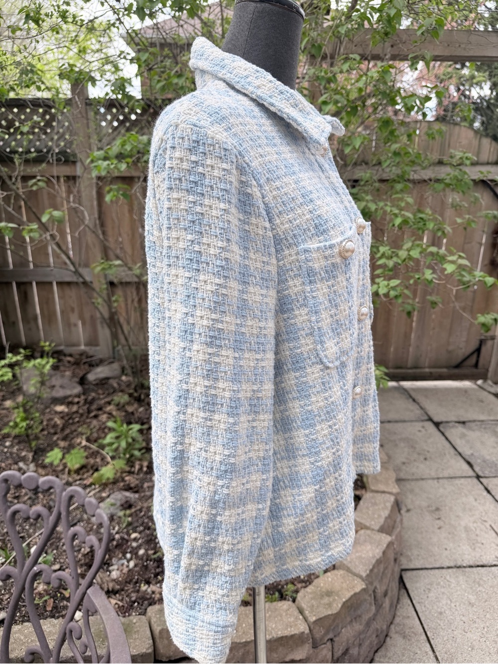 Classic Tweed Women's Jacket in Light Blue and Cream - Picture 2 of 13